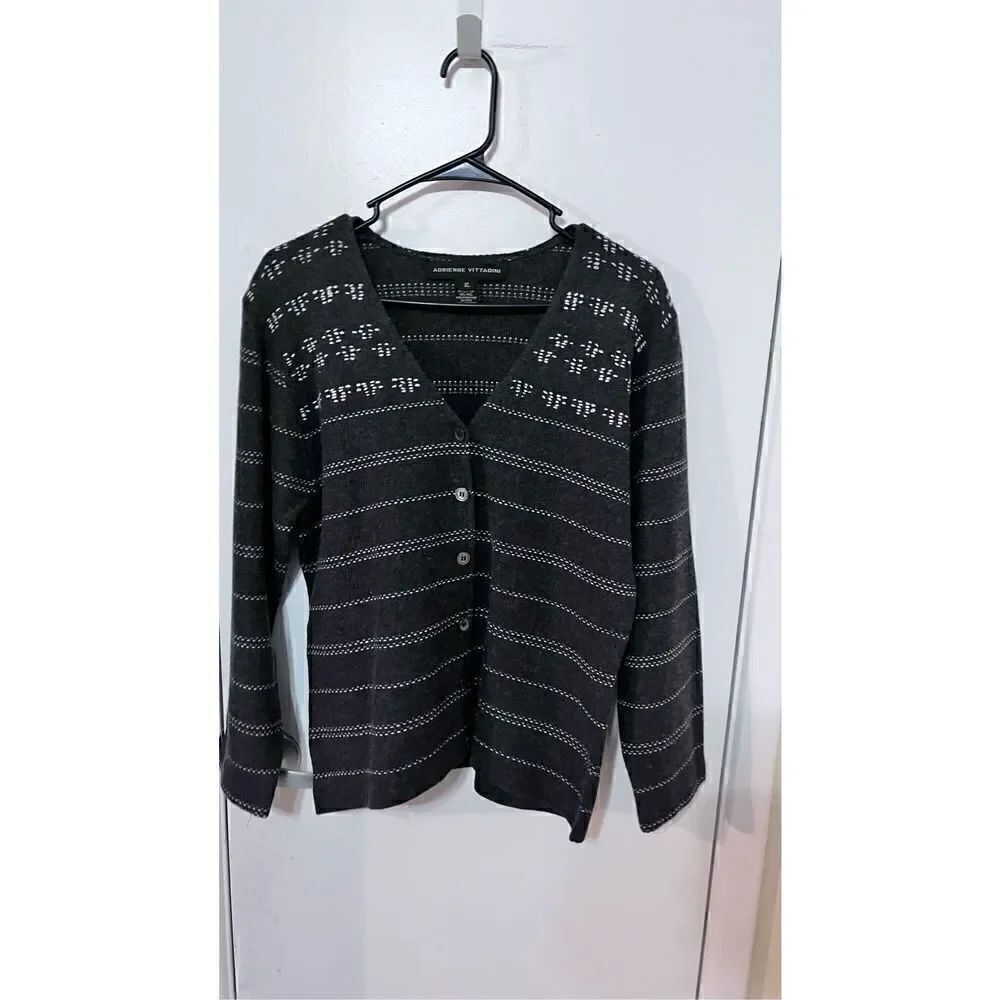 Adrienne Vittadini Women's Striped Wool Blend Cardigan Sweater Black White XL